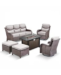 Pocassy 6-Piece Patio Set with High-Back Swivel Chairs, 6 Cushions, Fire Pit Table, and Ottomans