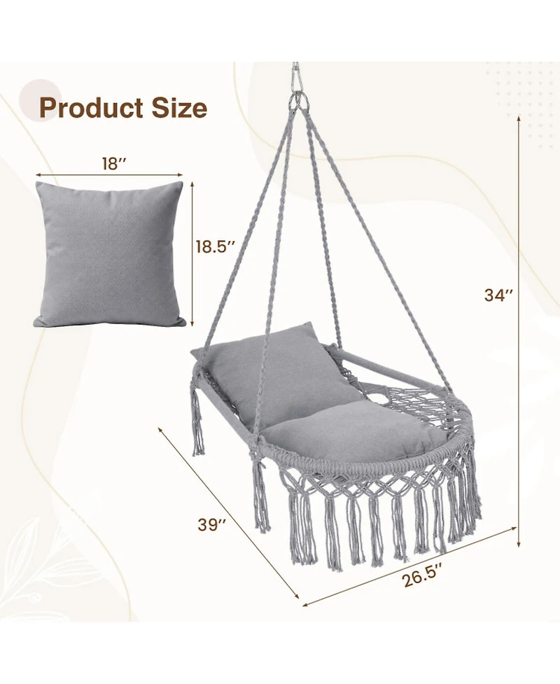 Sugift Macrame Hammock Swing Chair with 2 Removable Cushions and Bohemian Fringe