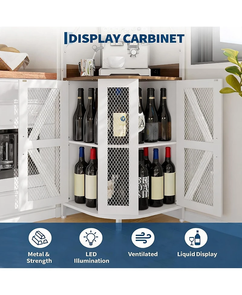 homfan 4-Tiers Industrial Corner Wine Cabinet with Power Outlet, Led Strip and Glass Holder, Liquor Display Bar Unit for Small Home Space