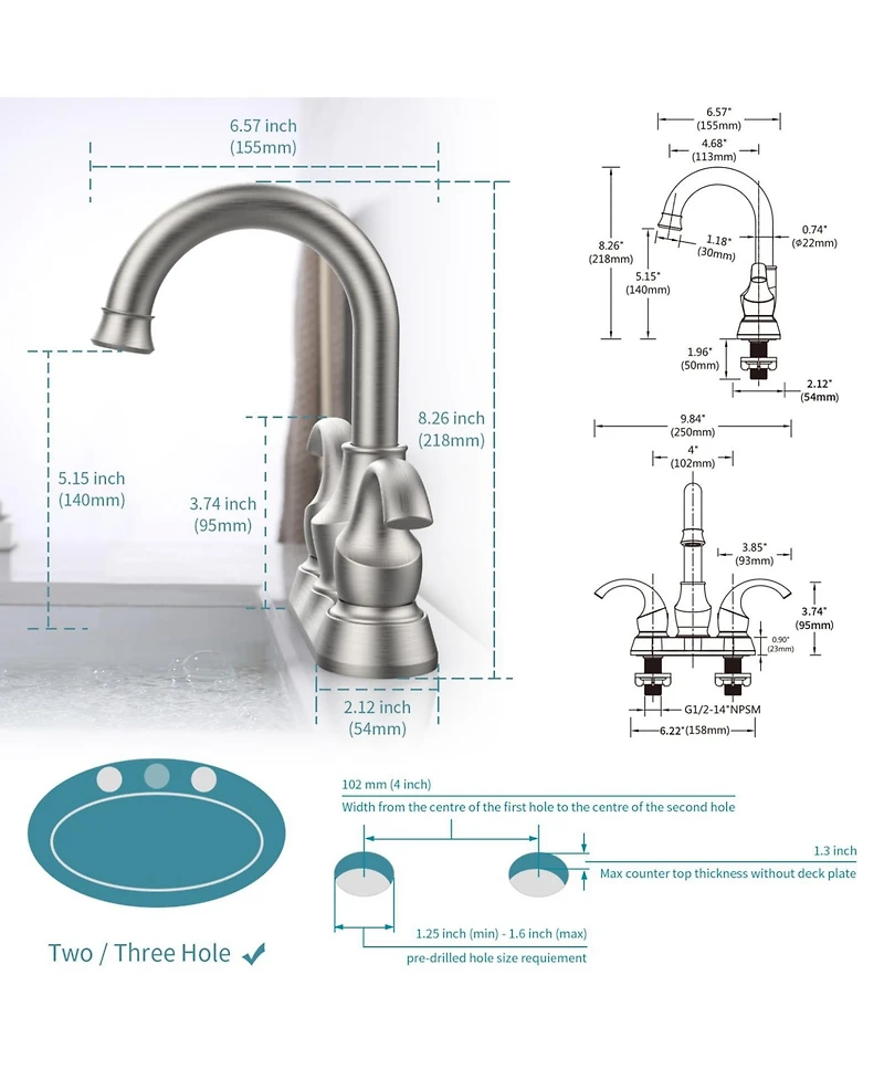 Phying 4 Inch Centerset Bathroom Faucet Crescent Moon Style 2-Handle Brushed Nickel Vanity Sink Faucet