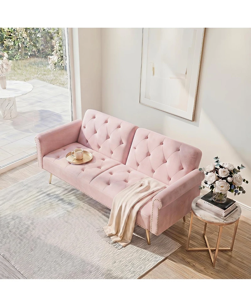Streamdale Furniture Velvet Convertible Sofa Bed with Gold Metal Legs