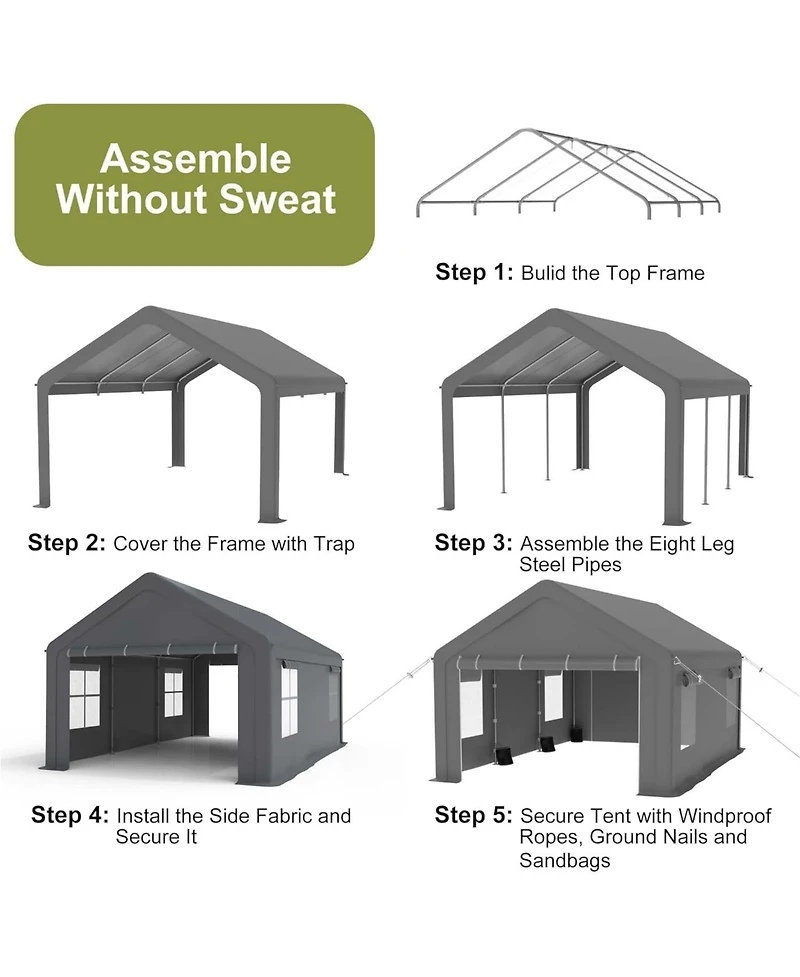 GarveeLife 12 x 20 Ft Heavy Duty Carport, Portable Garage with Roll-Up Mesh Windows and Removable Doors, All-Season Car Canopy Shelter