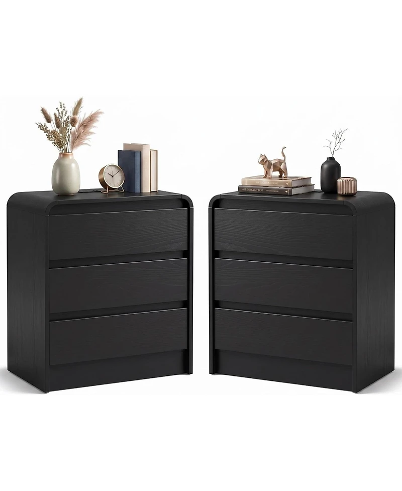 homfan 2-Pack Curved Nightstand with 3 Drawers and Open Shelf, Black Grain Finish, Charging Station, End Table for Bedroom