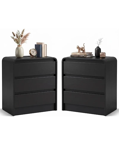 homfan 2-Pack Curved Nightstand with 3 Drawers and Open Shelf, Black Grain Finish, Charging Station, End Table for Bedroom