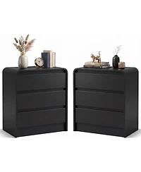 homfan 2-Pack Curved Nightstand with 3 Drawers and Open Shelf, Black Grain Finish, Charging Station, End Table for Bedroom