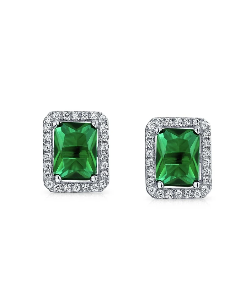 Bling Jewelry 3.5CT Emerald Cut Green Cubic Zirconia Emerald Cz Halo Stud Earring Rhodium Sterling Silver
