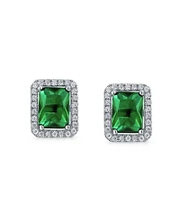 Bling Jewelry 3.5CT Emerald Cut Green Cubic Zirconia Emerald Cz Halo Stud Earring Rhodium Sterling Silver