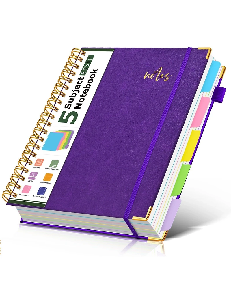 Danrong Leather Spiral Notebook 5 Subject Removable Dividers College Ruled 300 Pages