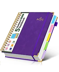 Danrong Leather Spiral Notebook 5 Subject Removable Dividers College Ruled 300 Pages