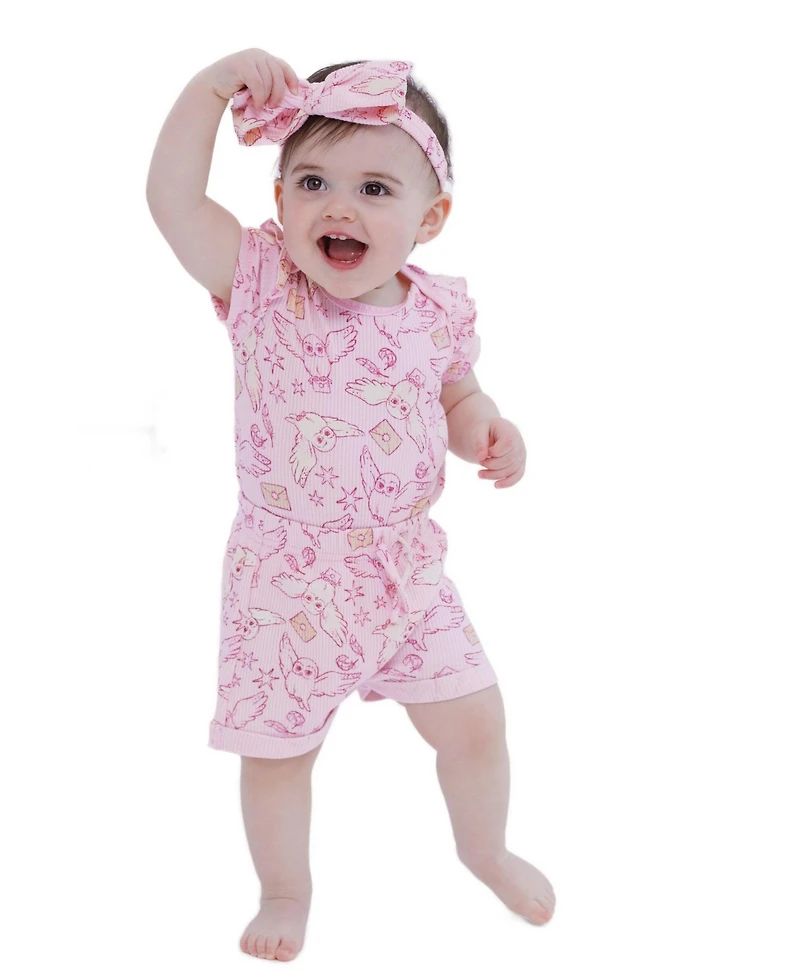 Harry Potter Baby Girls' Hedwig Short-Sleeve Ruffled-Shoulder Bodysuit, Shorts, and Headband, 3-Piece Set