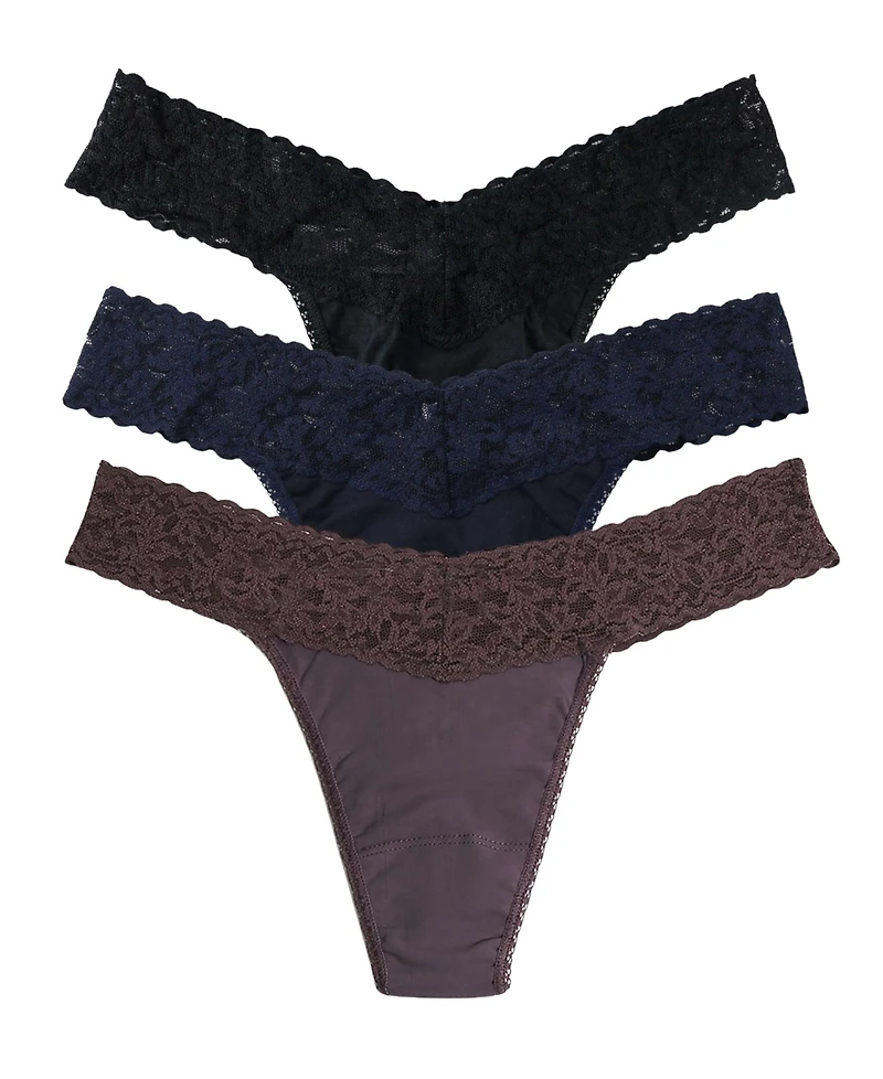 Hanky Panky Supima Cotton-Blend Original Rise Lace-Trim Thong, 3-Pack