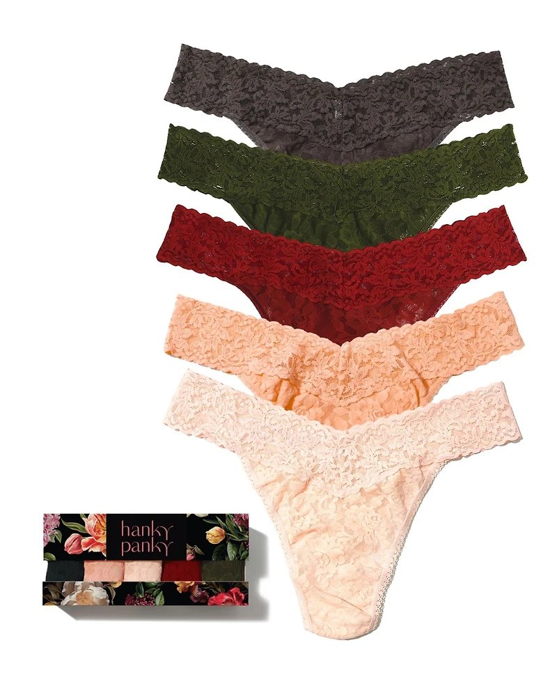 Hanky Panky Signature Lace Floral-Print V-Front Thong, 5-Pack
