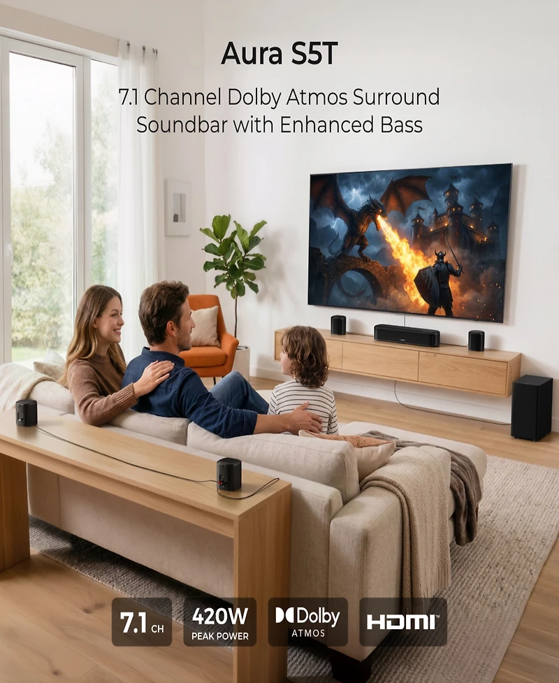 Ultimea 7.1ch Soundbar with Dolby Atmos for Tv, Surround Sound System with 5.25" Subwoofer, VoiceMX, BassMX, 4 Surround Speakers, 420W Peak Power, Hdm