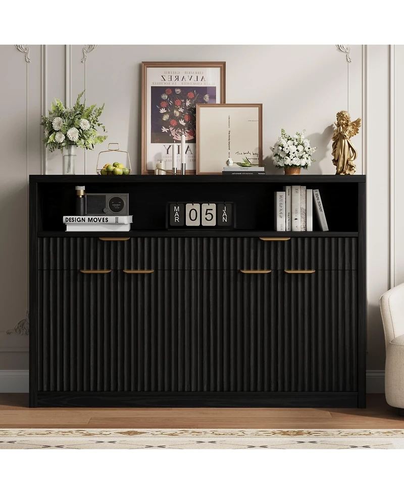 gaomon Fluted Buffet Sideboard Cabinet, Modern Wooden Storage Hutch with 2 Drawers, Adjustable Shelves, Coffee Bar Cabinet