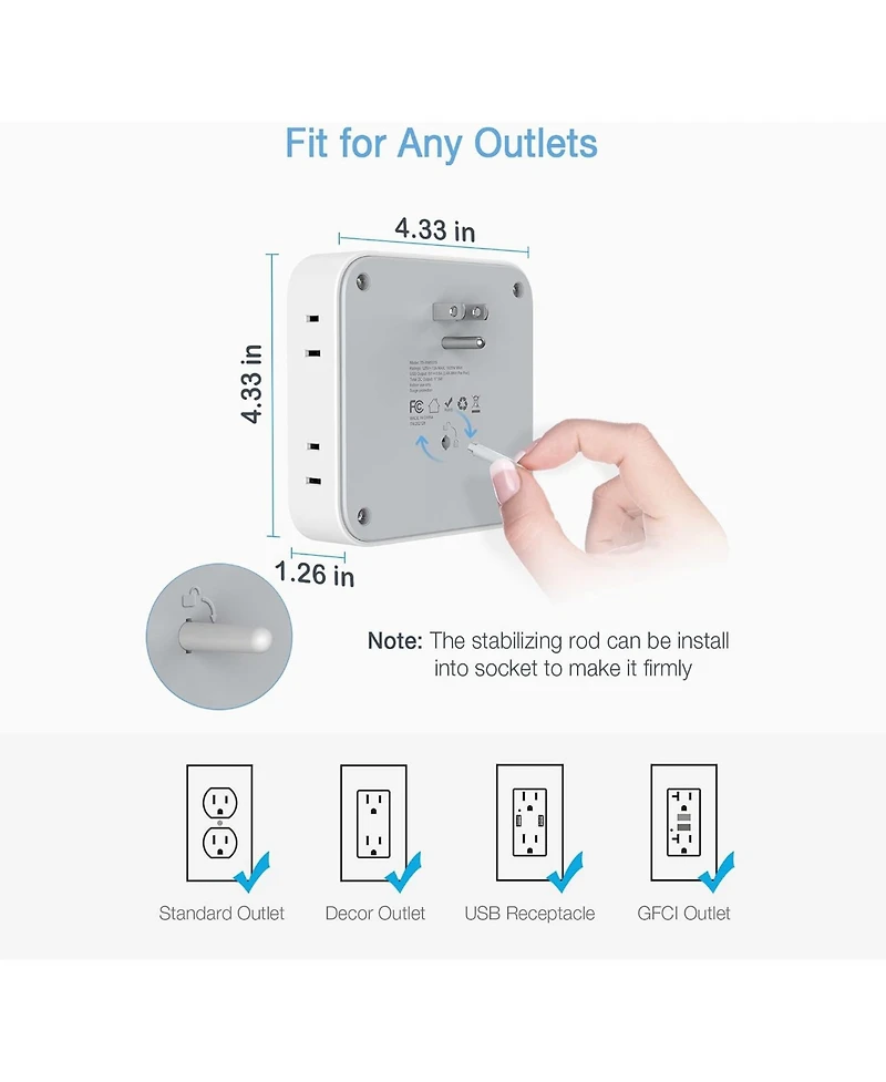 Tessan Wall Outlet Extender with 8 Ac Outlets and 4 Usb Ports