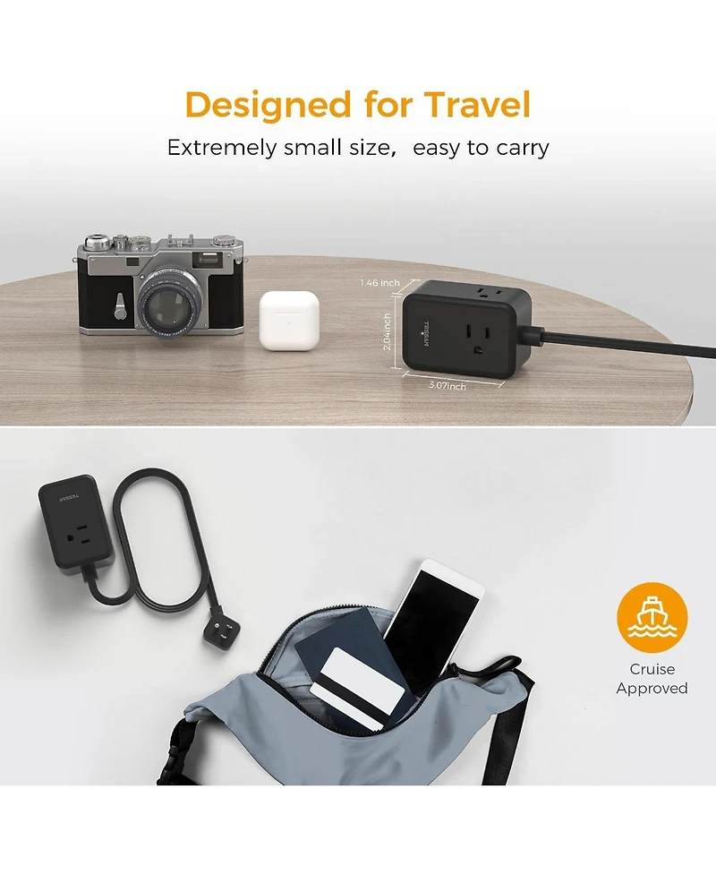 Tessan 5-Foot Flat-Plug Travel Power Strip with 3 Ac Outlets and 3 Usb Ports, Compatible with Most Usb Devices
