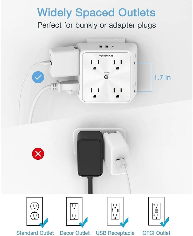 Tessan 8-Outlet 3-usb-Port (1 Usb-c) Wall Charger with 1700J Surge Protection for North American Plugs