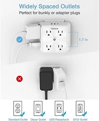 Tessan 8-Outlet 3-usb-Port (1 Usb-c) Wall Charger with 1700J Surge Protection for North American Plugs