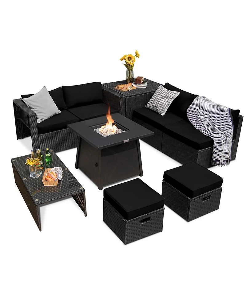 Costway 9Piece Patio Rattan Furniture Set Fire Pit Space saving