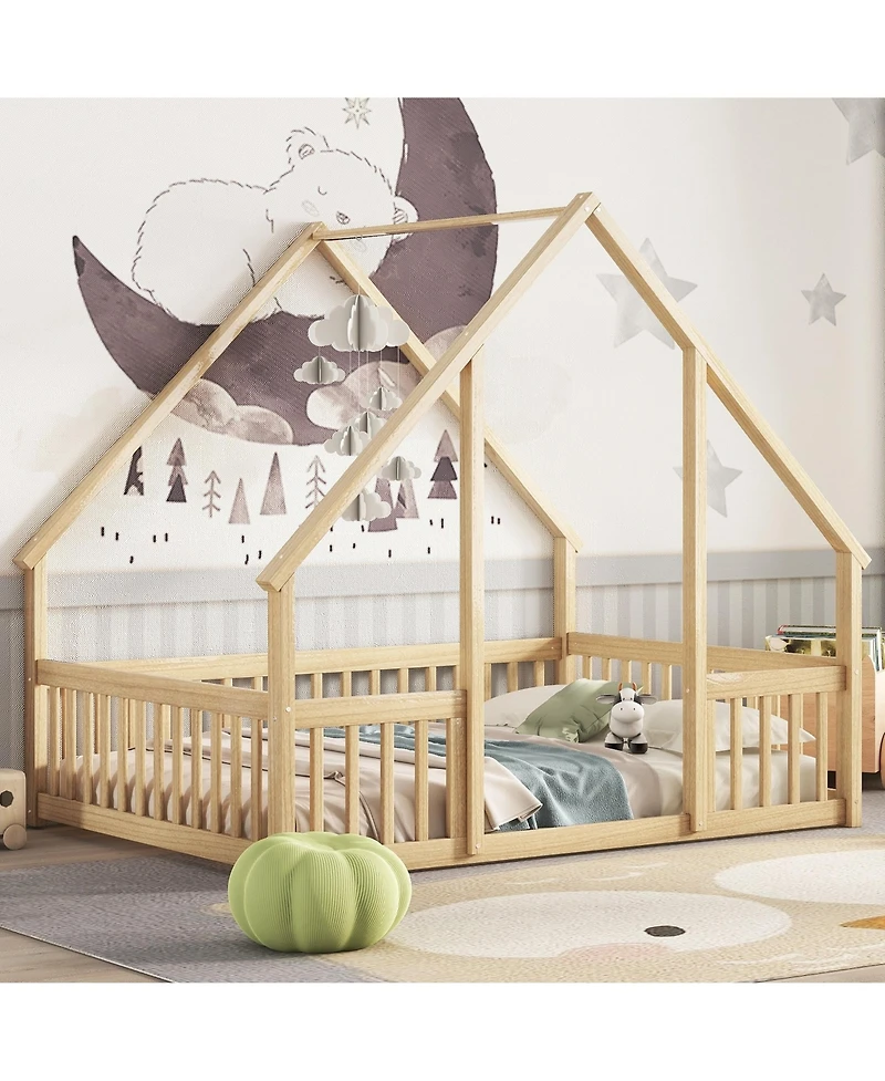 Sailvan Wood House-Shaped Floor Bed with Fence, Guardrails