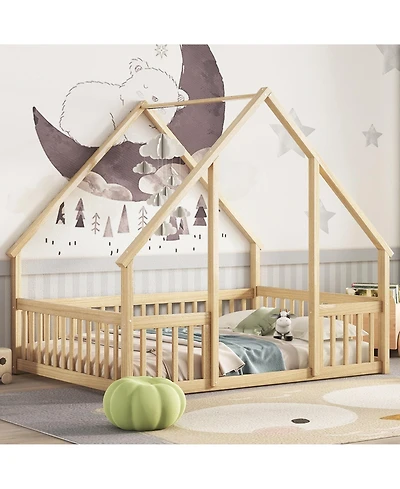 Sailvan Wood House-Shaped Floor Bed with Fence, Guardrails