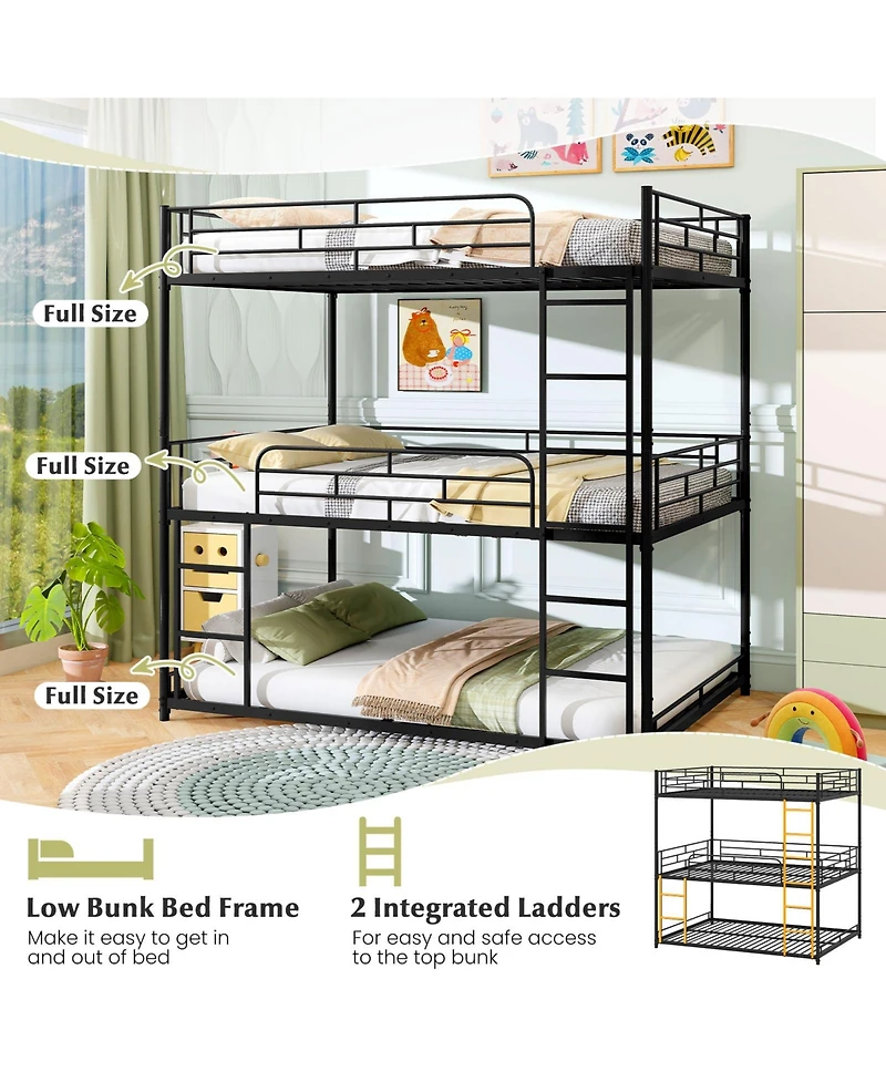 Sugift Metal Triple Bunk Bed with Safety Guardrails and 2 Ladders