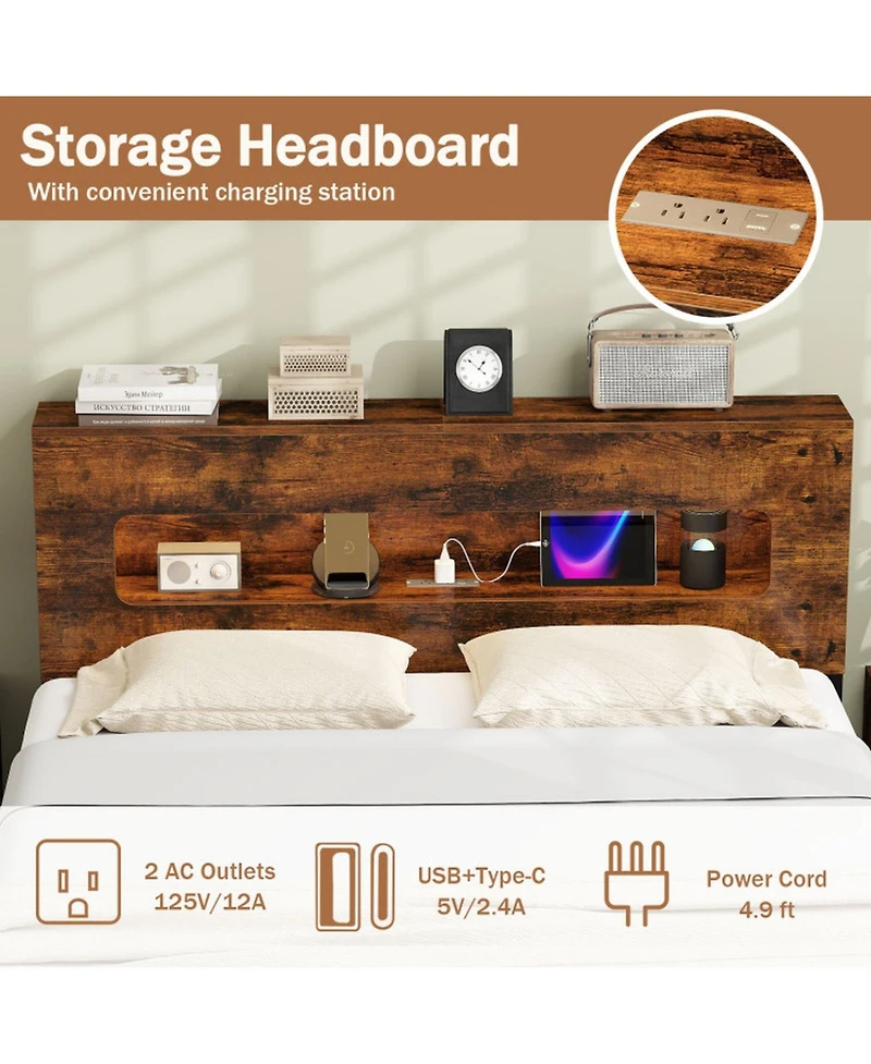 Sugift Full Size Slatted Bed Frame with Led Lights Storage Headboard and Charging Station