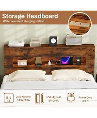 Sugift Full Size Slatted Bed Frame with Led Lights Storage Headboard and Charging Station