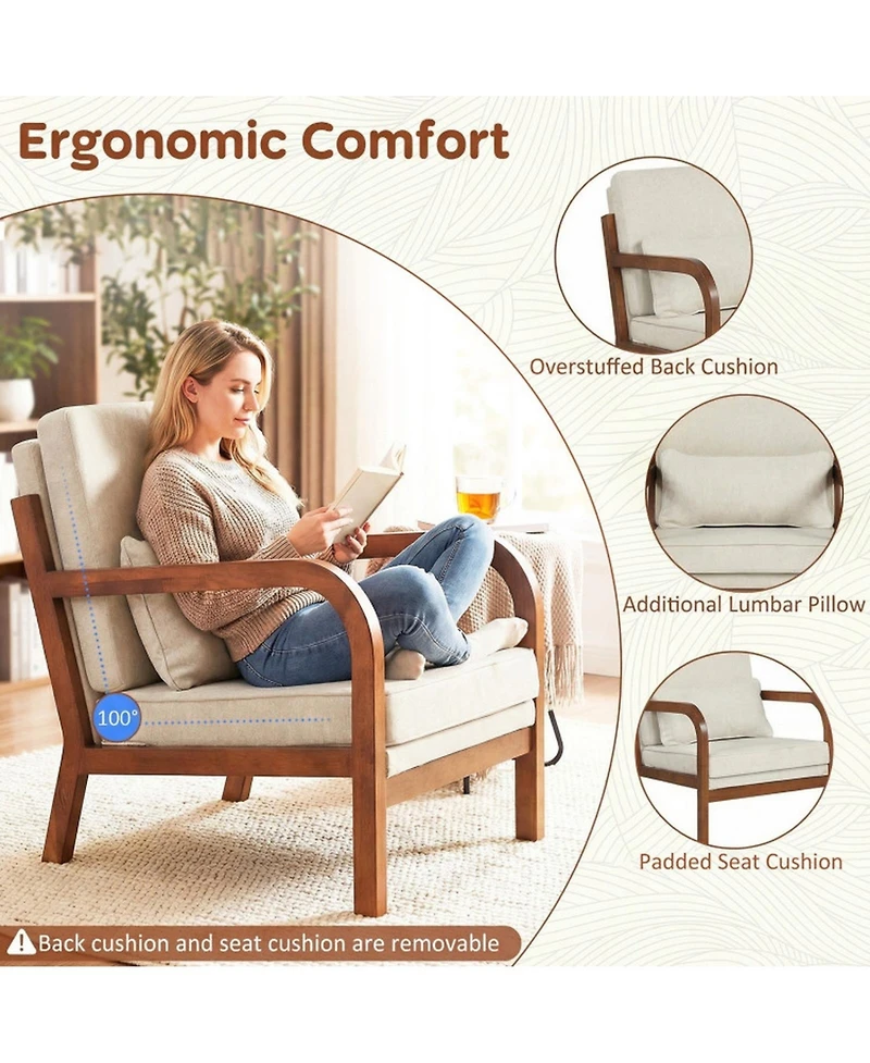 Sugift Modern Faux Leather Linen Fabric Upholstered Accent Armchair with Rubber Wood Frame