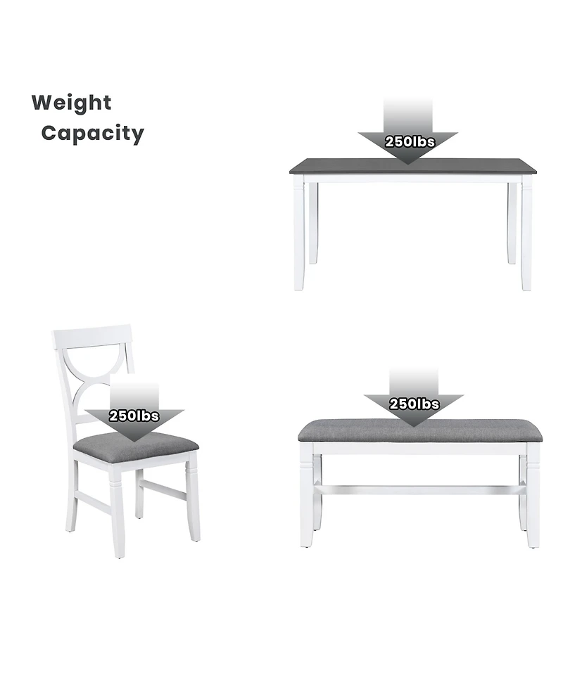 Boyel Living 6-Piece Wood Dining Table Set Kitchen Table Set with Upholstered Bench and 4 Dining Chairs, Farmhouse Style