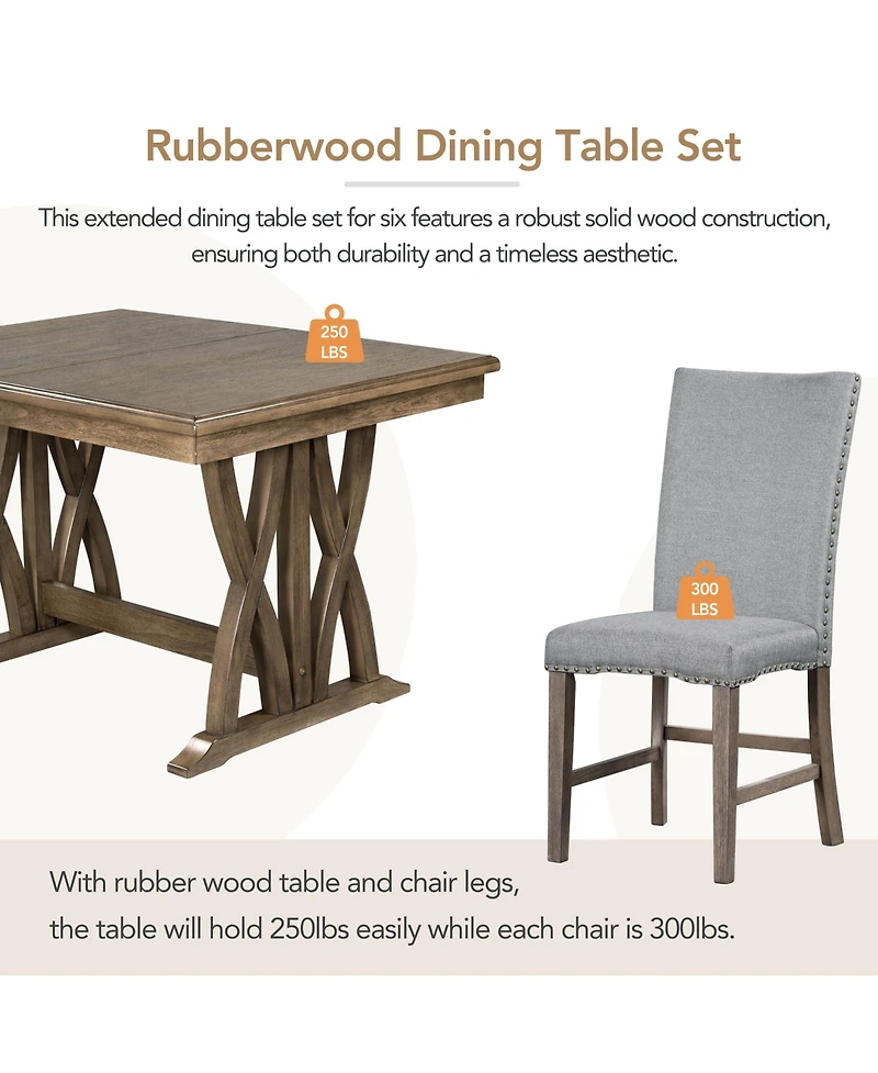 Boyel Living Mid-Century Solid Wood 7-Piece Dining Table Set Extendable Kitchen Table Set with Upholstered Chairs and 12" Leaf for 6