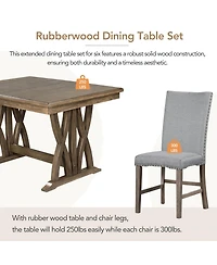 Boyel Living Mid-Century Solid Wood 7-Piece Dining Table Set Extendable Kitchen Table Set with Upholstered Chairs and 12" Leaf for 6