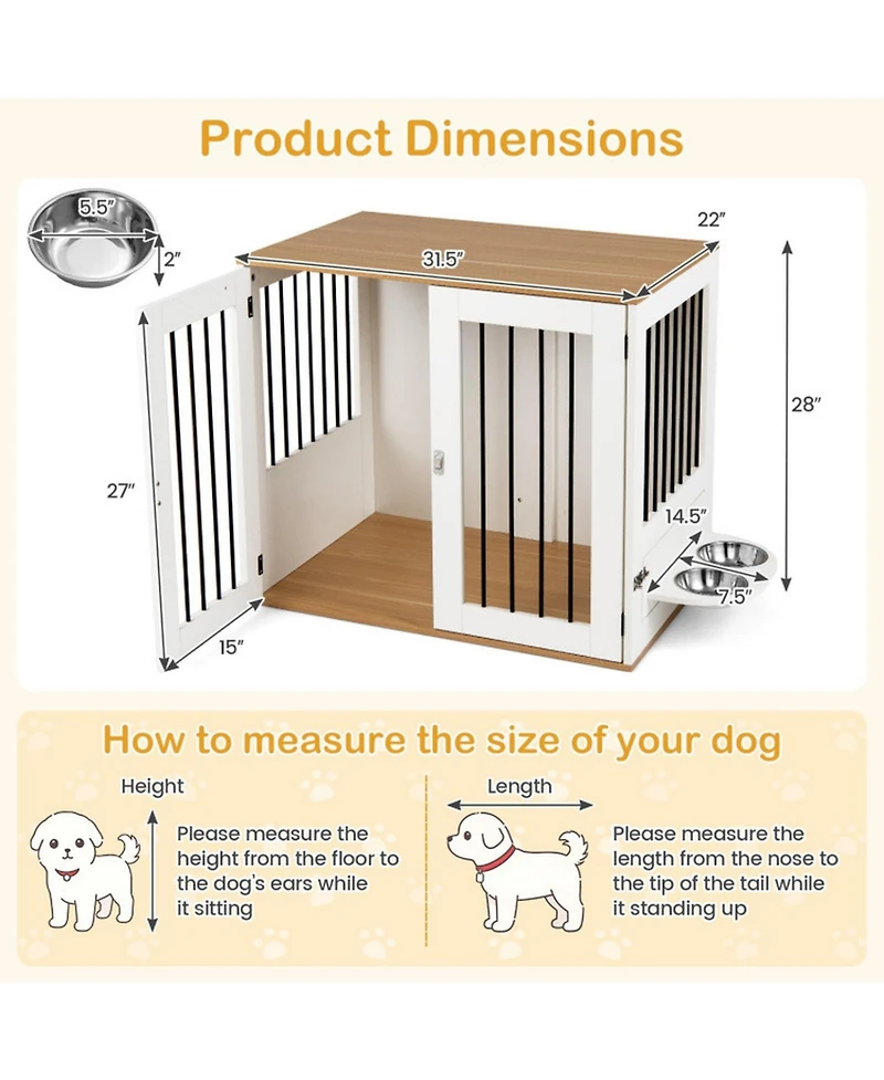 Hongge 31.5 in Wooden Dog Kennel End Table with Swivel Feeding Bowls