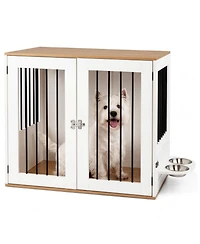 Hongge 31.5 in Wooden Dog Kennel End Table with Swivel Feeding Bowls