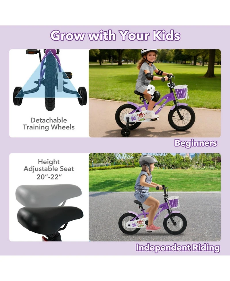 Hongge 14-Inch Kids' Bike with Detachable Training Wheels and Dual Brakes, Ages 3-5