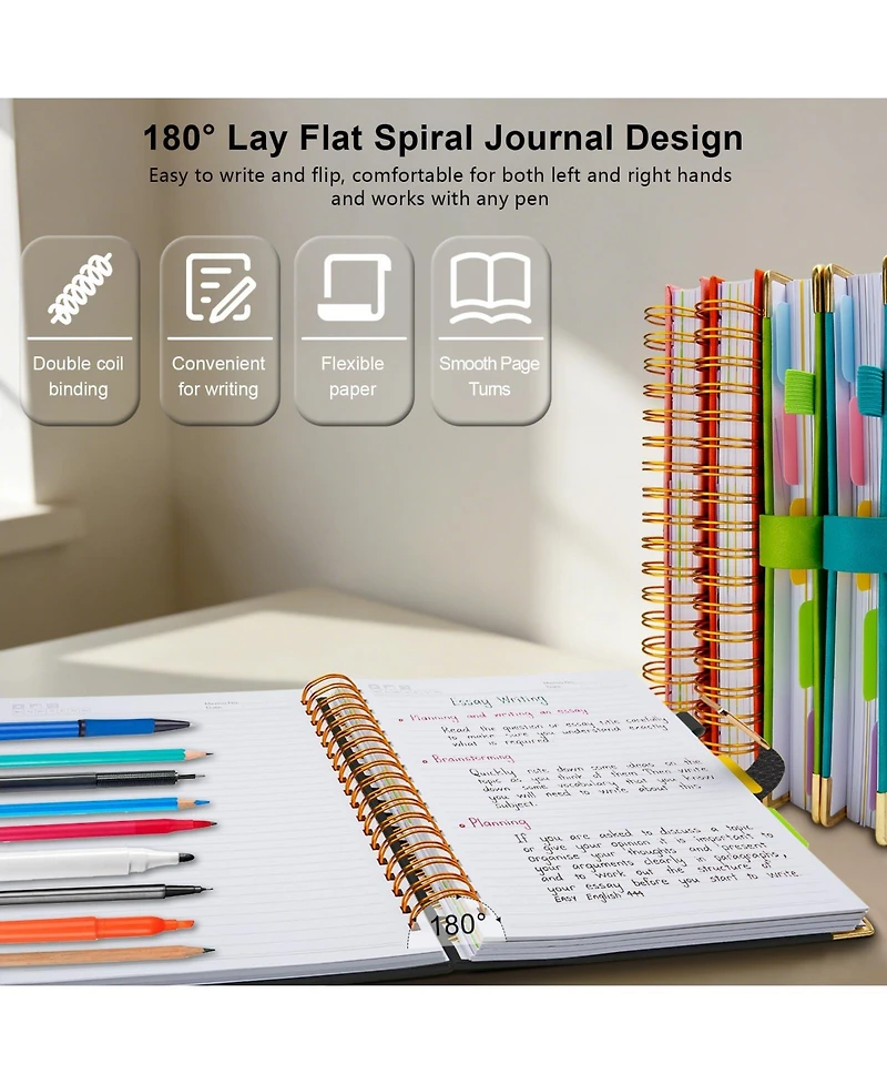Danrong Hardcover Spiral Notebook College Ruled Leather Journal 5 Subject Dividers 300 Pages Magnetic Closure