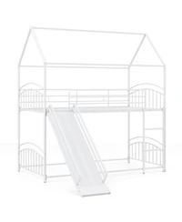 Sugift Twin-Over-Twin House Bunk Bed Frame with Metal Slats