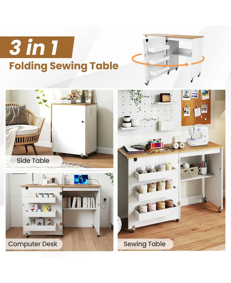Sugift Foldable Sewing Machine Table with Charging Station and Lockable Casters 45.5 x 16 x 31 inch