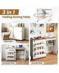 Sugift Foldable Sewing Machine Table with Charging Station and Lockable Casters 45.5 x 16 x 31 inch