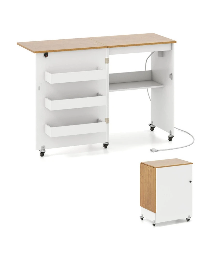 Sugift Foldable Sewing Machine Table with Charging Station and Lockable Casters 45.5 x 16 x 31 inch