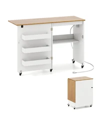 Sugift Foldable Sewing Machine Table with Charging Station and Lockable Casters 45.5 x 16 x 31 inch