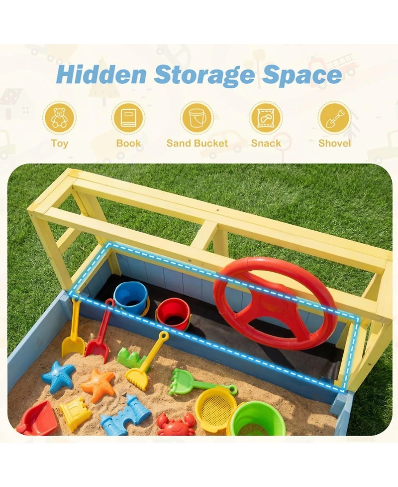 Hongge Fire Truck Wooden Sandbox, 63" x 34" x 23", Foldable Bottom Liner, Seats 2, Ages 18 Months+