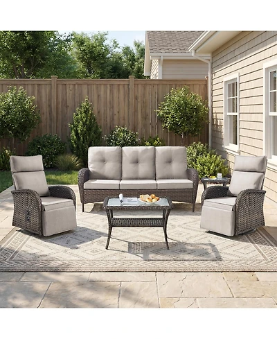 Pocassy 5 Piece Wicker Patio Furniture Set with Outdoor Swivel Recliner Chair, All-Weather Conversation