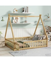 Sailvan Rubber Wood Tent-shaped Floor Bed,with Guardrails,Slats and Door