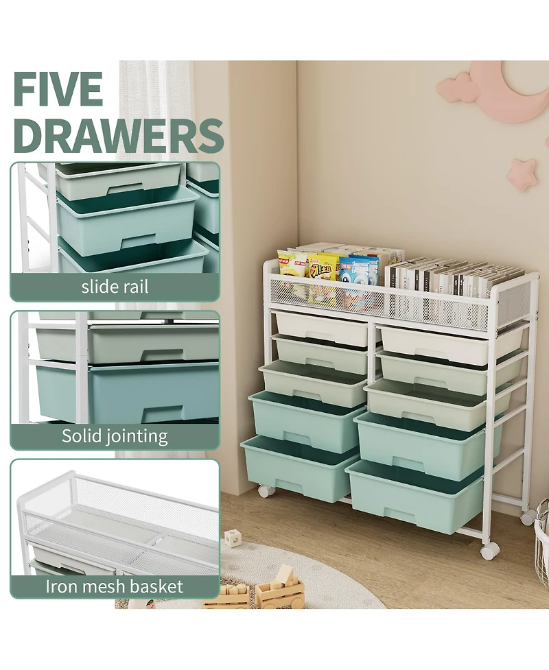 Streamdale Furniture 10-Drawer Rolling Storage Cart with Mesh Top