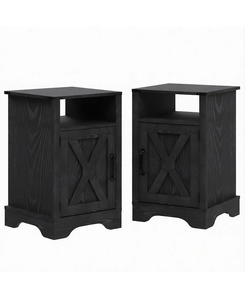 Flynama Set of 2 Farmhouse Nightstands with Charging Station, Black Storage Side Tables 16" x 16" x 25"