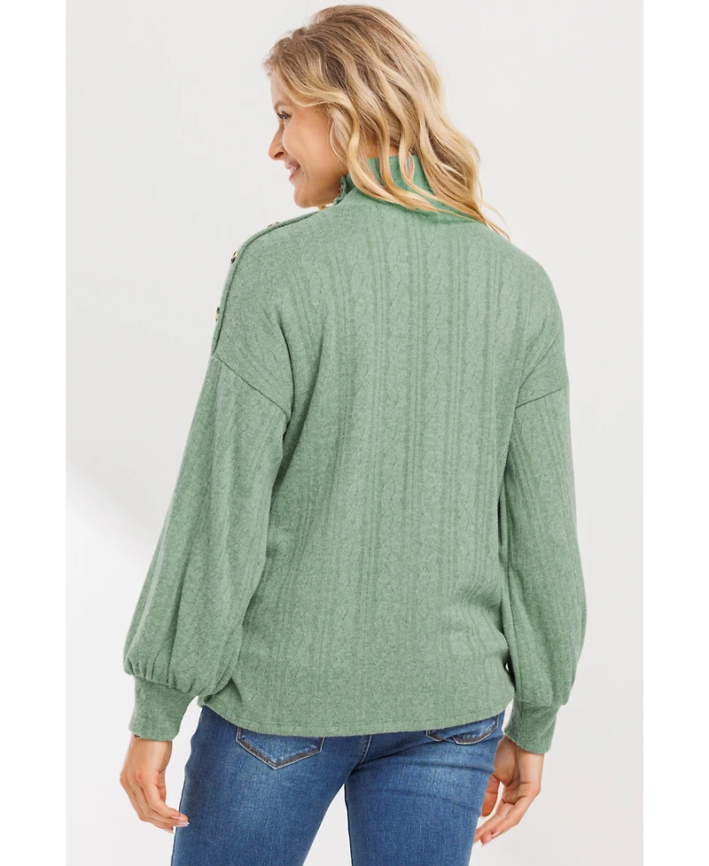 Hello Miz Women's Mock Neck Button Shoulder Knit Sweater