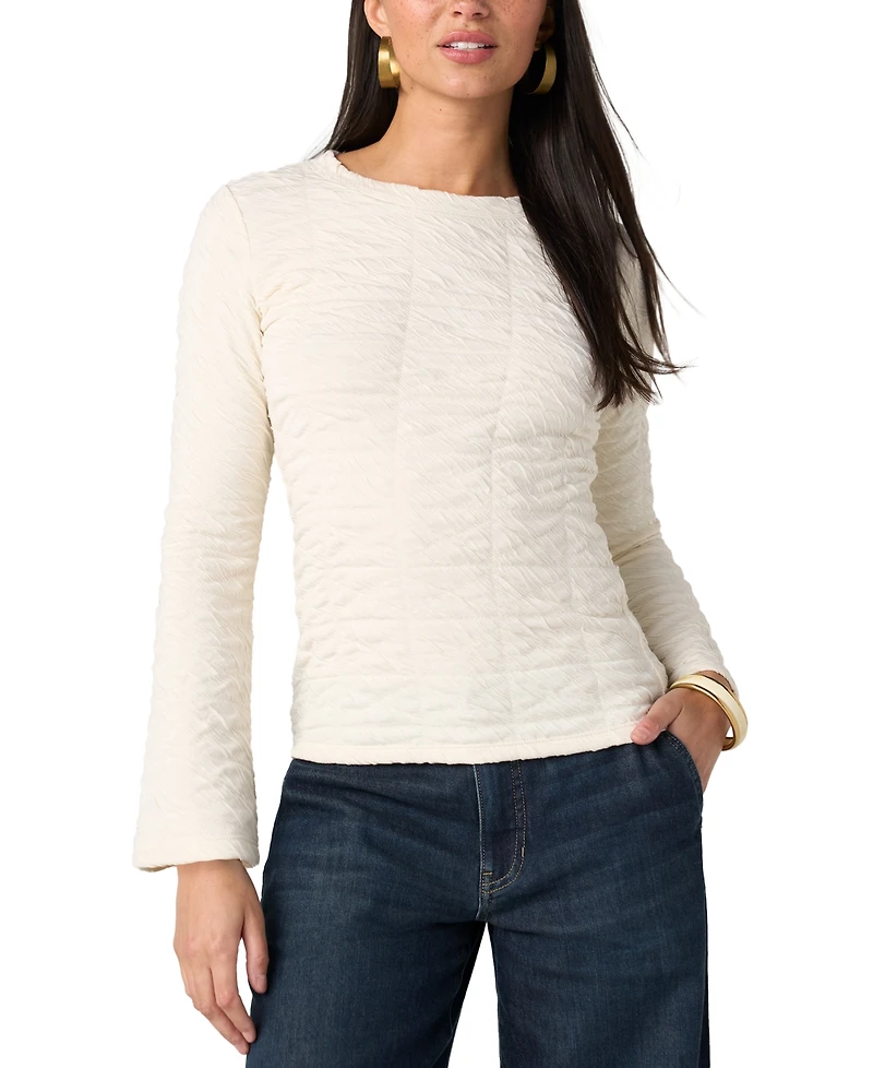 Liverpool Los Angeles Women's Crewneck Crinkled-Knit Flared Long-Sleeve Top