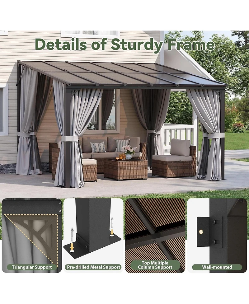 Aoxun 12'x10' Wall Mounted Lean to Gazebo, Aluminum Pergola with Polycarbonate Roof, Curtains and Mosquito Net