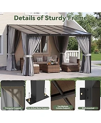 Aoxun 12'x10' Wall Mounted Lean to Gazebo, Aluminum Pergola with Polycarbonate Roof, Curtains and Mosquito Net